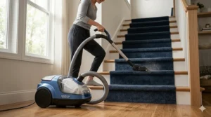 Illustration of a lightweight bagged canister vacuum being used to clean carpeted stairs with a turbo brush tool.