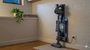 A long battery cordless stick vacuum stored and charging on a wall-mounted power station in a clean utility area.
