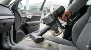 Handheld vacuum with a motorized brush tool removing embedded dog hair from a car seat.