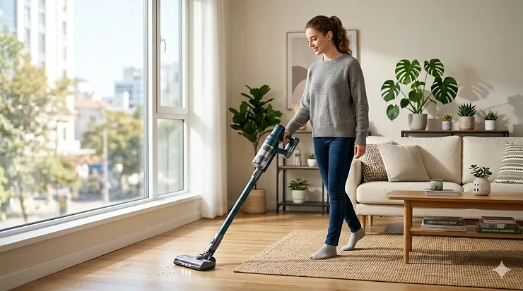 A person easily using a sleek, cordless lightweight stick vacuum for apartments on a hardwood floor in a modern living room.