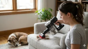 Motorized brush tool on a budget handheld vacuum removing cat hair from an armchair.