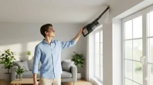 A person easily lifting a light stick vacuum to clean dust from high ceiling corners and crown molding.