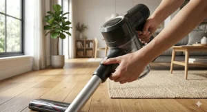 A photorealistic close-up illustration of a user’s hands engaging the release mechanism to convert the black and silver 2-in-1 stick vacuum into a handheld unit.