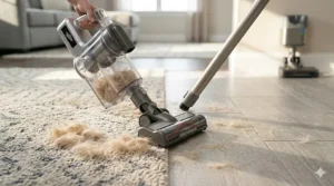 Side-by-side comparison of a convertible stick vacuum picking up pet hair on a plush rug and a tile kitchen floor.