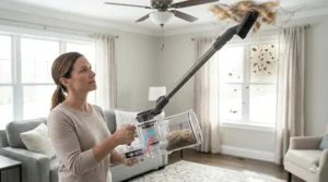 Using the extension wand of a convertible stick vacuum to reach pet hair and dust bunnies on high ceiling fans.