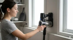 A sleek cordless handheld vacuum under $100 sitting on a wall-mounted charging dock.