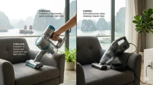 A side-by-side illustration comparing a cordless handheld vacuum and a corded model for furniture cleaning.