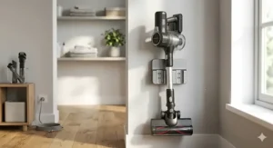 A photorealistic illustration showing the fully assembled black and silver 2-in-1 stick vacuum hanging neatly on a sleek, grey wall-mounted charging dock in a sunlit minimalist utility room, with blue LED charging indicators visible.