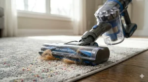 A cordless stick vacuum removing dog hair from an area rug using a motorized brush head.