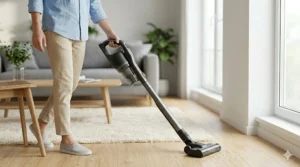 A close-up of a user effortlessly steering the lightest stick vacuum around chair legs with one hand.