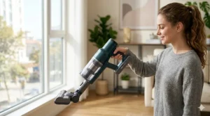 A close-up of a hand lifting a lightweight stick vacuum with one finger to demonstrate its portable design for small apartments.