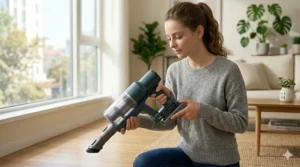 The specialized nozzle of a lightweight stick vacuum cleaning dust along the baseboards and corners of a small studio apartment.