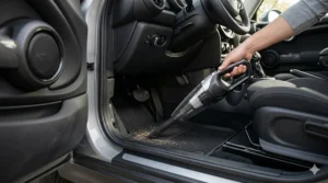 Compact handheld vacuum under $100 cleaning dust and crumbs from car floor mats.