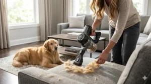 A lightweight convertible stick vacuum in handheld mode removing embedded cat hair from a grey fabric sofa.