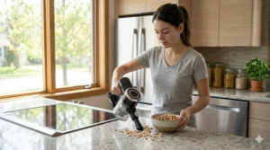Lightweight handheld vacuum under $100 quickly suctioning spilled cereal on a kitchen counter.