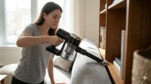 Handheld vacuum under $100 using a long crevice attachment to reach between couch cushions.