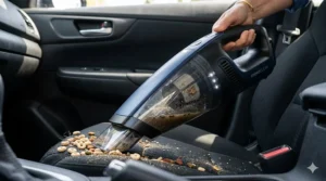Close-up illustration showing a wet dry handheld vacuum picking up crumbs and dust from a car seat.