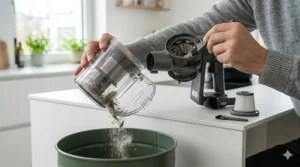 One-touch button releasing dirt from a handheld vacuum canister into a trash bin.