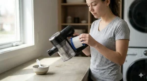 Close-up of a washable HEPA filter from a high-quality handheld vacuum under $100.