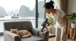 Illustration showing a handheld vacuum removing embedded cat and dog hair from a fabric armchair.