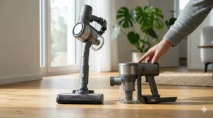 Side-by-side comparison of a full-size stick vacuum and a small handheld vacuum for scale.