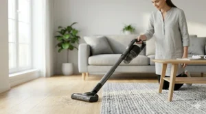 An exploded view illustration of the HEPA filtration system inside a lightweight stick vacuum.