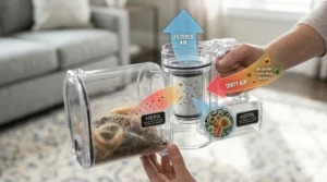 Diagram showing the multi-stage HEPA filtration system of a convertible stick vacuum capturing 99.9% of pet dander and allergens.