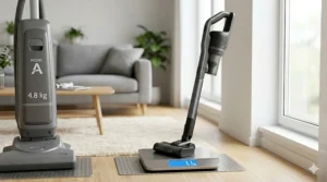 A digital scale showing the weight of the lightest stick vacuum compared to a standard upright model.