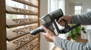 A person easily holding a lightweight handheld vacuum to clean high-reach window blinds.