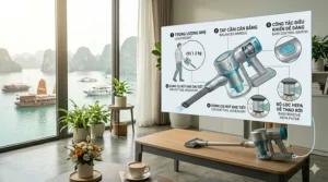 An illustration highlighting the ergonomic handle and lightweight build of a handheld vacuum for comfortable overhead cleaning.