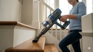 A lightweight cordless vacuum being carried easily up a flight of stairs.