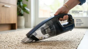 Illustration highlighting the lightweight, ergonomic handle design of a handheld wet dry vacuum for easy maneuverability.