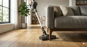 A photorealistic ground-level view of the black and silver 2-in-1 stick vacuum, in stick mode, reaching flat under a modern sofa to clean the hardwood floor.