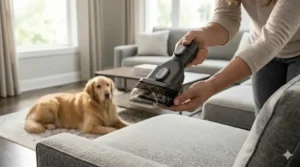 Close-up of a motorized mini-brush tool attachment designed for a convertible stick vacuum to lift stubborn pet hair.