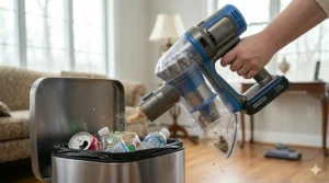 A user emptying the dustbin of a cordless stick vacuum directly into a trash can with one click.