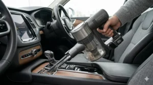 Compact portable vacuum with a long crevice tool reaching between leather car seats.