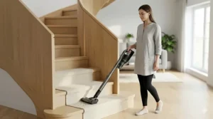 Using a lightweight cordless stick vacuum to clean carpeted stairs without heavy lifting.