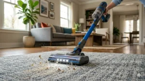 Demonstration of a cordless stick vacuum under $400 picking up debris from a low-pile carpet.