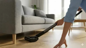 The low-profile head of the lightest stick vacuum reaching deep under a sofa to remove debris.