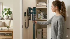 A slim stick vacuum stored neatly on a wall-mounted dock inside a narrow utility closet.