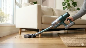 A lightweight stick vacuum for apartments pivoting flat to clean dust under a low-profile sofa.