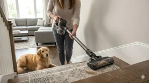 A person using a cordless convertible stick vacuum to clean dog fur from carpeted stairs.