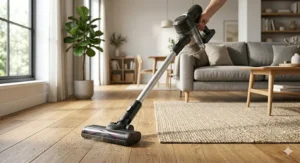 A photorealistic ground-level view of the black and silver 2-in-1 stick vacuum's motorized floor head actively cleaning a wide-plank oak hardwood floor.