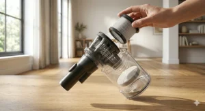 A photorealistic close-up illustration showing the detailed multi-stage filtration system of the 2-in-1 stick vacuum, including the multi-cyclone cones, pre-filter foam, and the intricate HEPA filter.