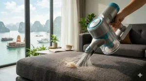 Graphic illustration demonstrating the high-velocity airflow of a handheld vacuum for deep upholstery cleaning.