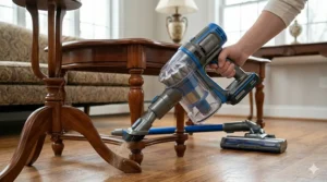 A stick vacuum with swivel steering maneuvering easily around table legs and under a sofa.