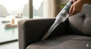 A close-up illustration of a handheld vacuum crevice attachment reaching deep into sofa cushions.