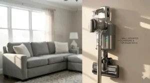 A sleek convertible stick vacuum for pet hair stored on a space-saving wall-mounted charging station.