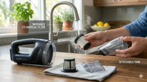 Step-by-step illustration showing how to remove and wash the HEPA filter of a wet dry vacuum.