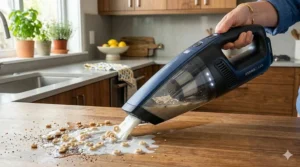 Illustration of a handheld vacuum easily suctioning a spilled bowl of cereal and milk.